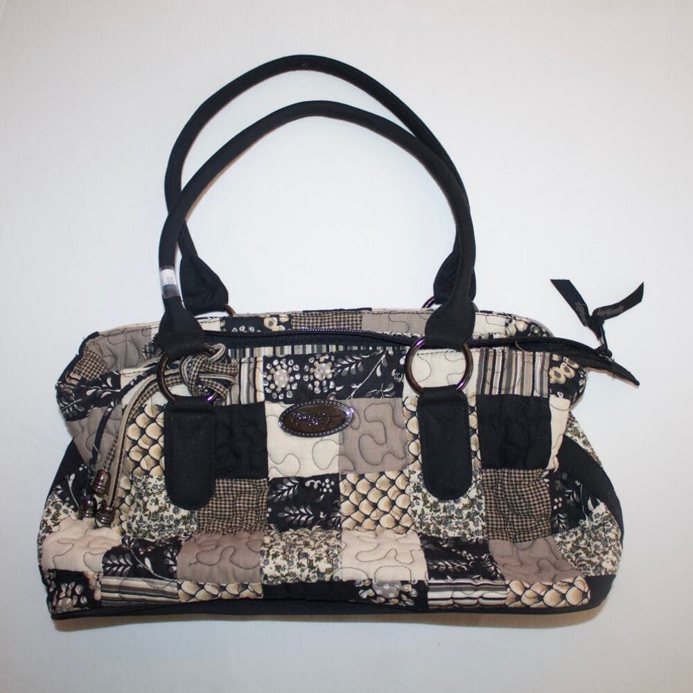Donna Sharp Black Tan Quilted Patchwork Satchel Bag
